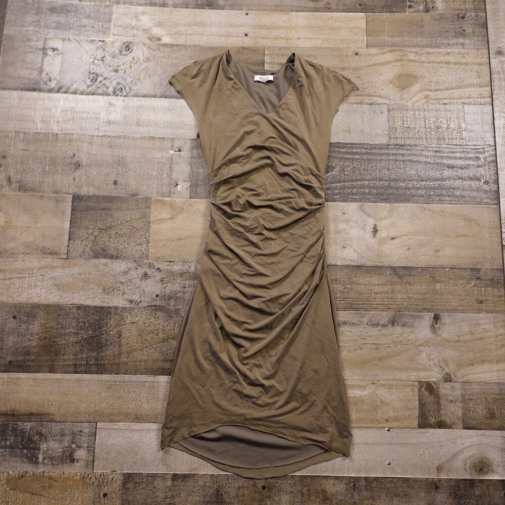 Helmut Lang Draped Jersey Dress Womenโs Petite Small (P) Taupe Ruched Asymmetric